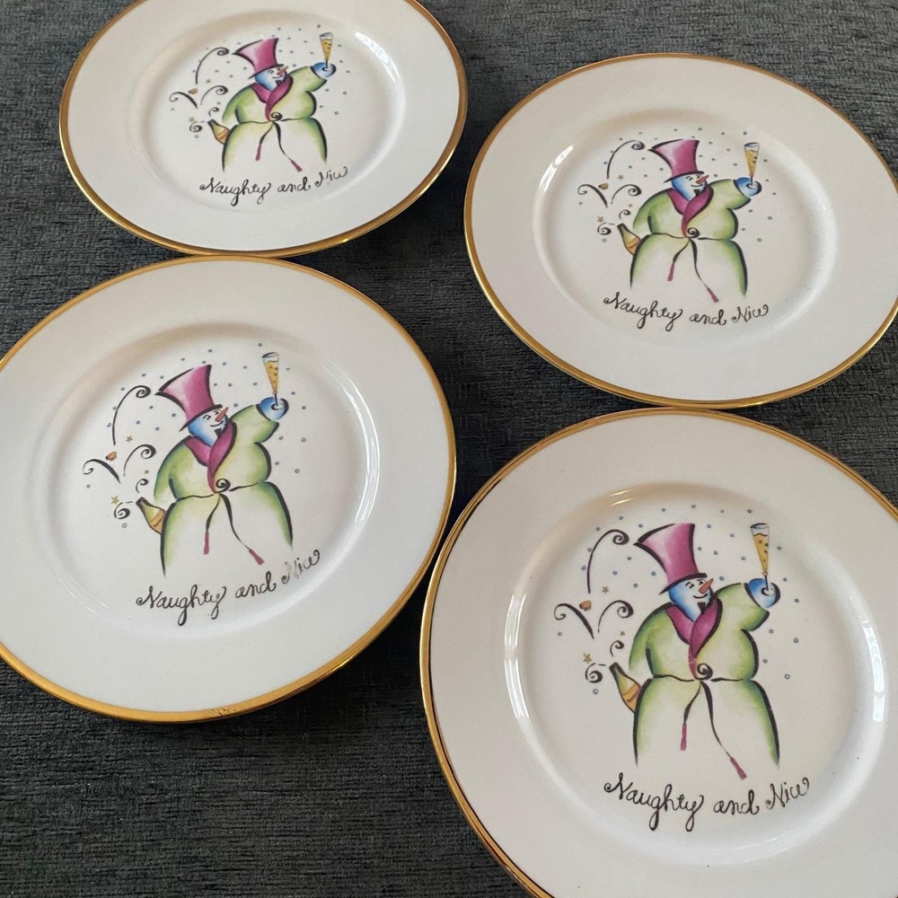 Set of 4 Rosanna Made Italy Naughty and Nice Snowman Plate Gold Rimmed Christmas